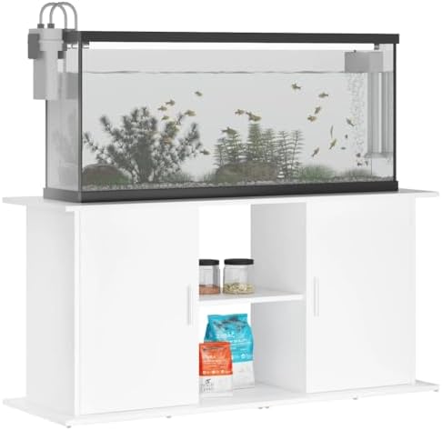 Generic Wooden Aquarium Stand with a fish tank on top, showing the front view with two closed doors and a central open shelf, slightly different angle.