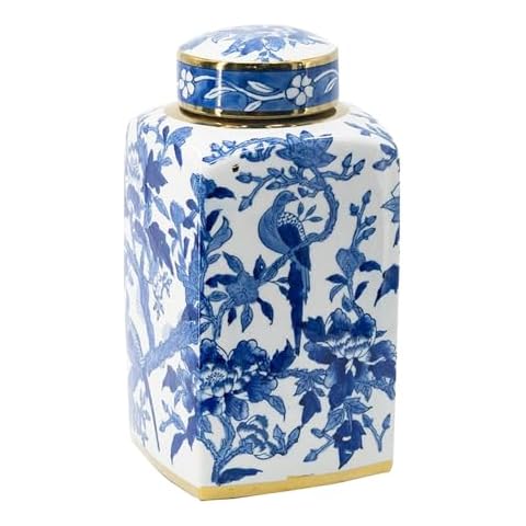 T2 Concept Blue and White Porcelain Lidded Jar with Floral Bird Motif and Gold Accents, Traditional Chinoiserie Jar, for Storage, Flowers, Centerpiece, 12” x 6” Cover