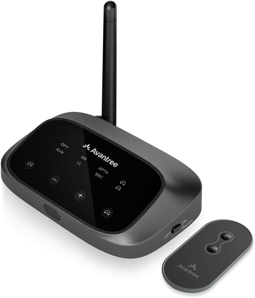 Oasis Plus 2 – Bluetooth Transmitter for TV with Remote Volume Control, Supports Two Headphones, aptX-Adaptive, Soundbar Passthrough, for Optical or AUX TVs