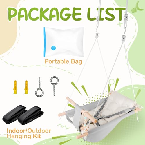 Image of Baby Swing Indoor and Outdoor, Canvas Hammock Swing for Baby to Toddler with a Comfortable Seat, Macaroon Wooden Toy, Adjustable 5-Point Harness,3 Modes,Gift for Baby Boys Girls, Grey&White