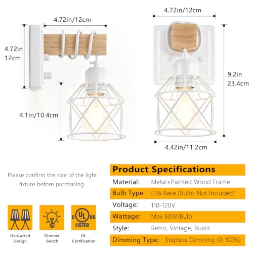 Image of FadimiKoo Wall Sconces Set of Two, Farmhouse Hardwired White Wall Lamps with Wooden Arm & On /Off Dimmable Switch, Modern Bathroom Light Fixtures with Metal Shade for Living Room, Hallway, Bedroom
