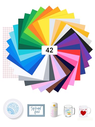 Bohoray 42 Stück Vinylfolie Plotter, 32 Stück 21X30.5CM Vinylfolien＋10 Transferband Blätter, Plotterfolie Vinyl Selbstklebend für Silhouette und Cameo Cutter für DIY-Geschenke, Tasse, Fenster
