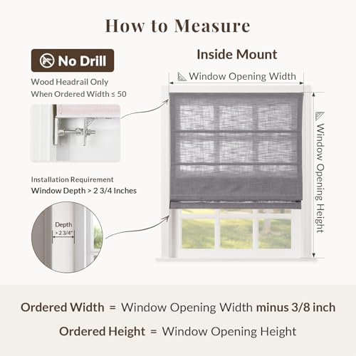 Image of TWOPAGES Liz No Drill Cordless Roman Shades Linen Textured Roman Blinds for Windows, Custom Made Room Darkening Blackout Roman Window Shades, Hardware Included, Rock Grey, 1 Piece