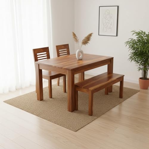 Image of RECTART Solid Wood Dining Table Set with Chairs for Living Room Home | Wooden Dining Room Sets Furniture for Hotels and Restaurants | (Natural Urban Top, 4 Seater with Bench)
