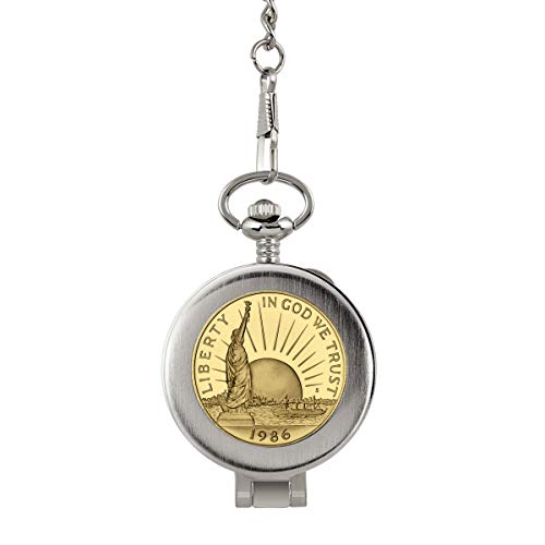 Image of Coin Pocket Watch with Skeleton Movement | Gold Layered Statue of Liberty Commemorative Half Dollar | Genuine U.S. Coin | Sweeping Second Hand, Magnifying Glass | Certificate of Authenticity