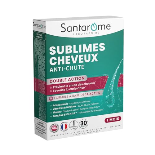 Santarome - Sublimes Cheveux Anti-Chute - Complément alimentaire anti-chute cheveux - Vitamines B6, B8, Cheveux de Vénus - 30 comprimés - 1 mois - France Santarome - Sublimes Cheveux Anti-Chute - Complément alimentaire anti-chute cheveux - Vitamines B6, B8, Cheveux de Vénus - 30 comprimés - 1 mois - France