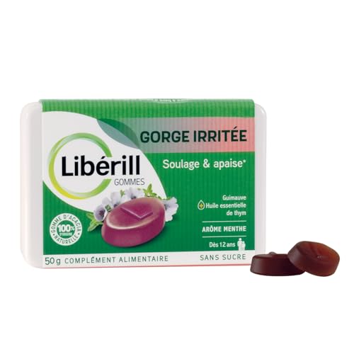 LIBERILL - Gommes Gorge Irritée - Soulage & Apaise - Racine de guimauve + Huile Essentielle de Thym - Gomme d'Acacia 100% Naturelle - Adulte & Adolescent Dès 12 Ans - Arôme Menthe - Boîte 50 g