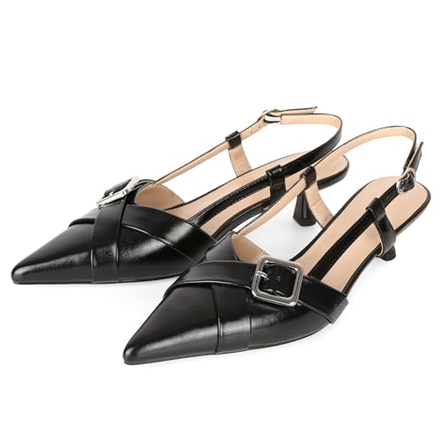 Image of Esvowido Women Slingback Kitten Heels Pointed Toe Low Heel Pumps Adjustable Buckle Straps for Work Party Casual Outfit