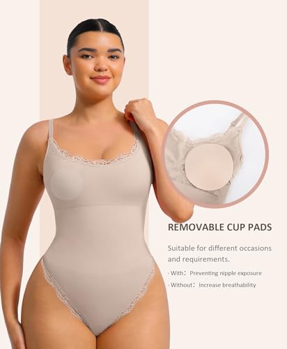 Image of FeelinGirl Lace Bodysuits for Women Shapewear Tummy Control Thong Cami Bodysuit Tops with Adjustable Spaghetti Straps