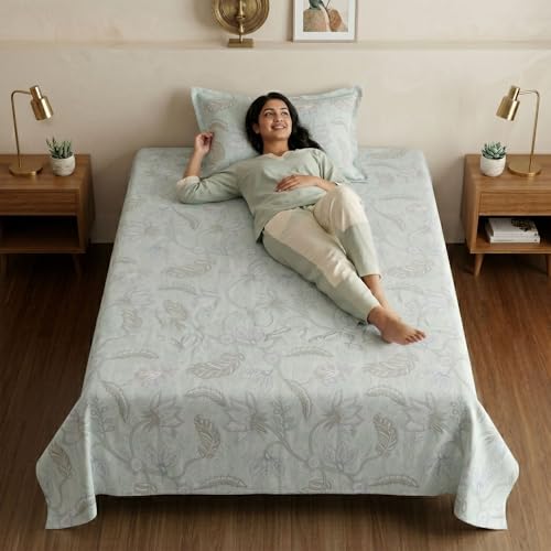 Image of Mafatlal 186 TC Metro Cotton Single Bedsheet | 90 x 60 Inch | Breathable Cotton Bed Sheet with Pillow Cover | Stylish Home Linen | Emerald Teal