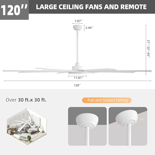 Image of WINGBO 120 Inch Industrial Ceiling Fan with Light and Remote, 8 Aluminum Blades Large Ceiling Fans, 3CCT, 6-Speed Reversible Noiseless DC Motor for Kitchen Bedroom Living Room, White