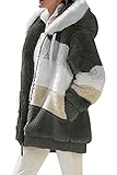 Tekaopuer Damen Teddy-Fleece-Hoodies, lockere Plüschjacke, mehrfarbige flauschige Jacke, Herbst und Winter, Kapuzenjacke, mit Reißverschlusstasche, armee-grün, 50