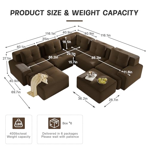 Image of 116.1 inch Modular Sectional Boneless Sofa with 5-Seater, V-Shaped Corner Deep Seat Sofa for Living Room, Big Comfy Cloud Couch with 2 Movable Ottomans, Corduroy Fabric, No Assembly, Brown