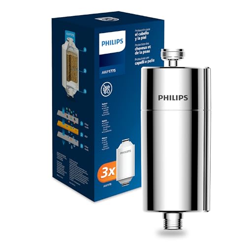Philips Water Filtro de ducha en línea + 3 cartuchos de repuesto, reduce hasta un 99 % de CLORO, CROMADO, capacidad de filtración de 50 000 L por filtro