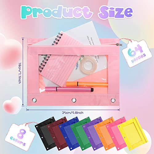 Leinuosen 64 Pack Pencil Pouches 3 Ring Binder Pencil Case Oxford Cloth Pencil Bag With Clear Window And Zipper Pulls For Adults Office Storage Supplies Favors(Colorful Bags) #TOP1