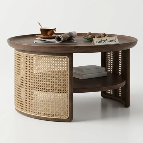 Image of Rattan Coffee Table - Cane Center Table with Shelf for Storage - Bohemian Solid Mango Wood Coffee Table for Office and Living Room C#042 (Walnut Finish)
