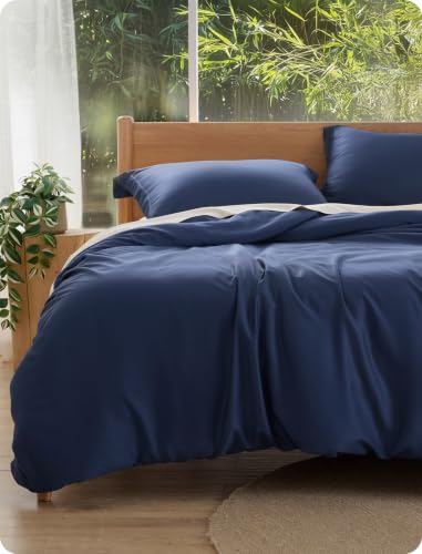 Image of Bedsure PureWoven Cooling Duvet Cover, Ideal for Hot Sleepers, Queen Size | 100% Viscose Derived from Bamboo, Lightweight & Silky Soft, Breathable Moisture-Wicking Bedding Set, 3 Pieces, Navy