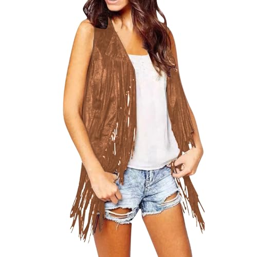 Chaleco hippie de ante mujer con flecos ropa años 70 informal marrón XXL