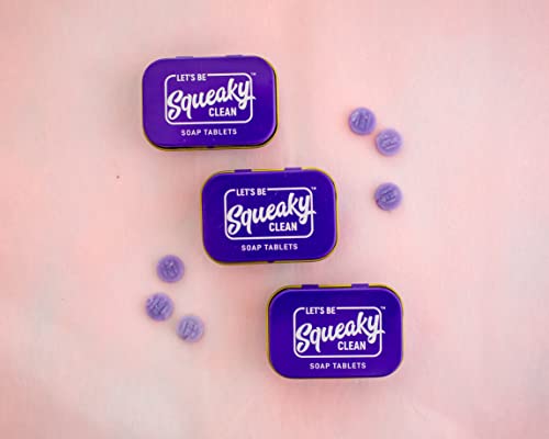 Image of SqueakyClean Hand Made 30 Soap Tablets in Each Tin | Single Wash Hygiene Bar | Hand Soap Tablet | Convenient | Travel & Pocket Friendly | Combo of 3 Sweet Lavender Fragrance