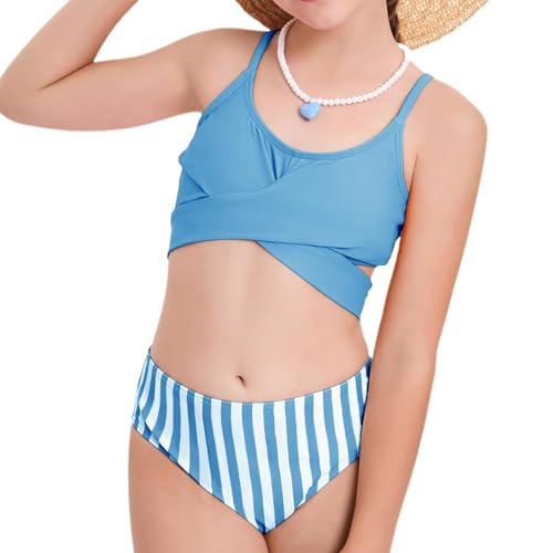 Image of Girls Swimsuits Bikini Set Two Piece Tankini Bathing Suit Criss Cross Girls' Swimwear with Chest Pad 13-14 Years Dark Blue