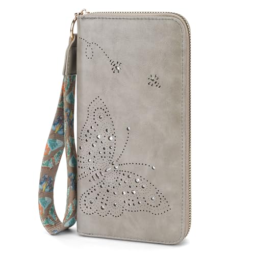 RFID Wallet Women, Large Capacity Clutch Purses Wristlet Wallets for Women, Ladies Butterfly Card Holder Phone Purse with Zipper Coin Travel Pocket