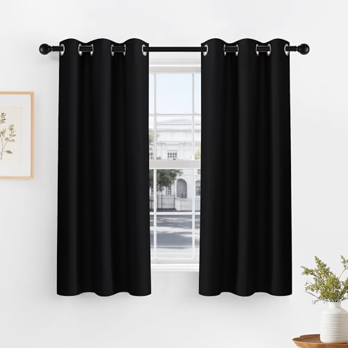 Image of PONY DANCE Black Short Blackout Curtains for Kitchen 45 Inch Length, Thermal Insulated Grommet Curtains for Bedroom, Black Out Drapes for Bathroom Small Window (2 Panels Set, 34 inches Wide)