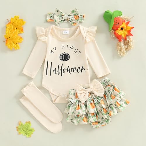 My First Halloween Baby Girl Outfit Long Sleeve Romper and Pumpkin Print Skirt 4Pcs Sets Halloween Baby Clothes2