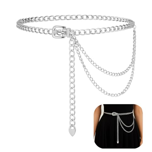 Punk Waist Chain Silver Metal Belt, Fashion Multilayer Chain Belts Adjustable Metal Body Waist Link Belts Elegant Jewelry Accessories Body Decorate for Dresses Jeans Skirts Trouser