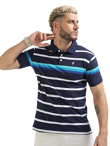 Image of fanideaz Mens Cotton Half Sleeve Striped Relaxed Fit Polo T Shirt With Collar 5005Navy S Ocean Blue