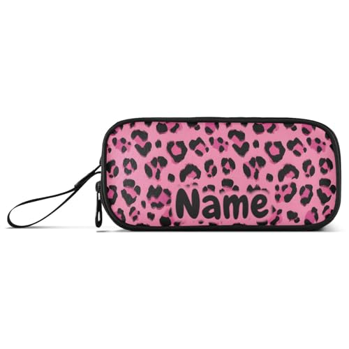 Image of Custom Hot Pink Black Leopard Print Pencil Case Box Boys Girls Personalized Name Large Pencil Pouch Stationery Pen Bag Organizer for Kids Adults School Office