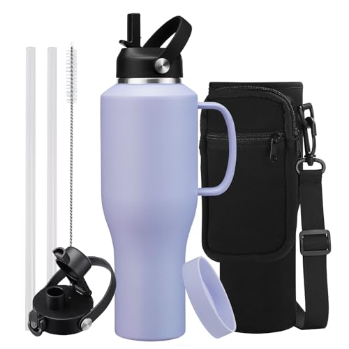 Image of 40 oz Tumbler with Handle, Insulated Water Bottle with Straw - Auto Spout Lid, Carrier Pouch, Purple Metal Thermal Hydro Travel Coffee Mug Flask for Car Cup Holder, Keep Cold 48H Hot 24H