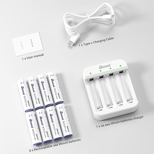 Compare BONAI Rechargeable Lithium AA Batteries with Charger, 3000mWh 1