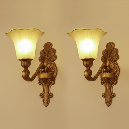 LYTSNUGIC Vintage Double Arm Wall Sconce, Antique Brass Finish, Frosted Glass Shades, Classic Victorian Style (2-Pack, 1 Light Source)