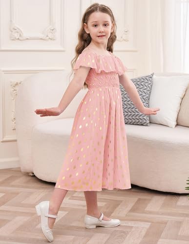 GRACE KARIN Girls Off Shoulder Dress Sleeveless Ruffle Spaghetti Straps Smocked A-Line Chiffon Dress 5-14Y3