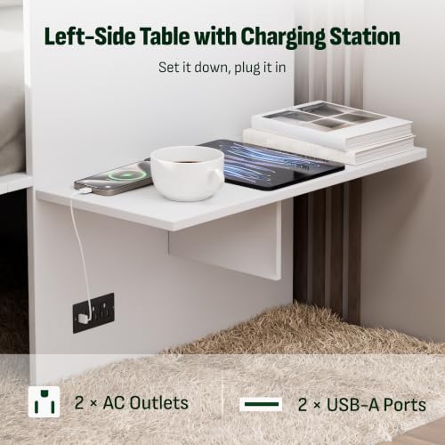 Image of Softa Full Murphy Bed Cabinet with 6 inch Tri-Fold Mattress, Storage Drawer & Charging Station, 1200 Lb Heavy Duty Wood Wall Bed with Fold-Down Desk for Guest Room & Home Office, No Box Spring Needed