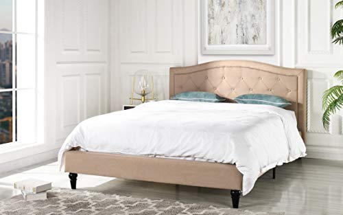 Divano Roma Furniture Classic Dark Ivory Color Box-Tufted Fabric Bed Frame (Queen), Grey