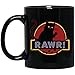 Taza divertida de Rawr del maullido del gato negro. Taza de parodia de Jurassic Park para amantes de los gatos