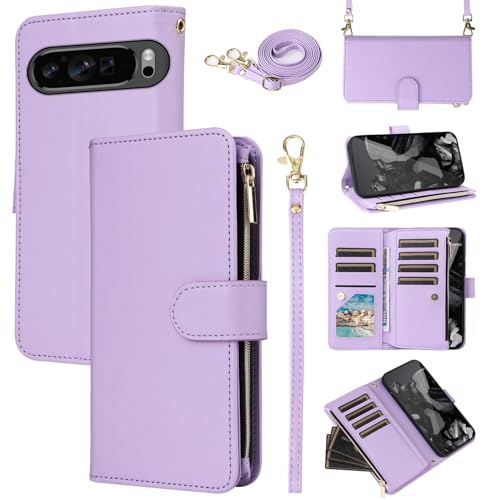 Furill Wallet Case for Google Pixel 9/9 Pro 5G with Wrist Strap Crossbody Shoulder Strap Zipper Flip Purse Card Holder Slots Protector Stand Cell Accessories Phone Cover Pixel9 9Pro Nine Girls Purple