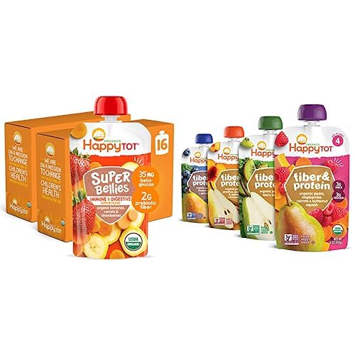 Happy Tot Organics Super Bellies Stage 4, Organics Banana, Carrot and Strawberry (Pack of 16) &amp; Stage 4 Fiber &amp; Protein 4 Flavor Variety Pack (Pack of 16)