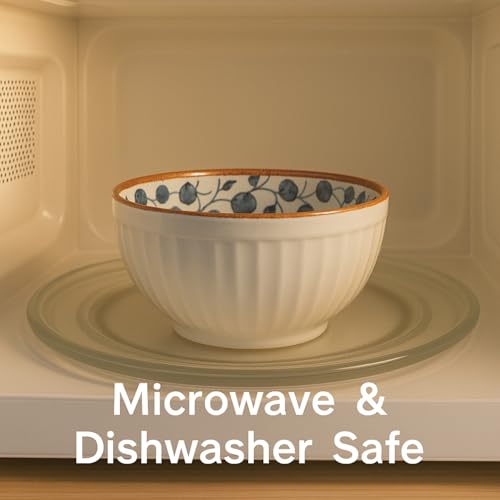 Image of YELONA Ceramic Bowls Set of 6 - 300ml | 11.5cm Japanese Style Serving Bowls with Navy Blue Vine & Berry Pattern | Microwave, Oven, Dishwasher Safe | Lead-Free & Scratch Resistant