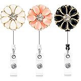 Qinsuee 3 Pack ID Badge Holder with Camellia, Bling Rhinestone RN Badge Reel Retractable, Women Nurse Badge Holder Retractable Alligator Clip