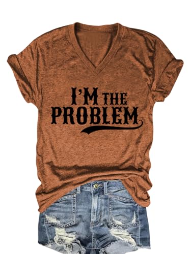 If I'm The Problem Shirt Women Vintage Country Music Graphic Tee(Brown,M)