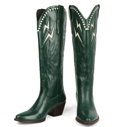 KISSASA Green Cowboy Boots for Women Knee High Cowgirl Boots Pull On Lightning Embroidered Pointed Toe Western Chunky Low Heel Tall Boot Green Size 6