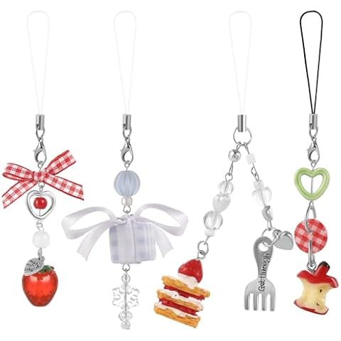 VZZNN 4 PCS Cute Phone Charms Y2K Phone Charm Kawaii Phone Charms Aesthetic Y2K Keychain Snowflake Apple Core Cake Strawberry Christmas Gift Bag Purse Backpack Wallet Pendants Decor(F) Cover