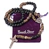 Nazareth Store Paracord Rosary Necklace 8mm Black Beads Antique Bronze Strong Rugged Corded Catholic Rosary with St.Michael Medal & Cross Crucifix (Brown Paracord Copper St.Benedict) #3