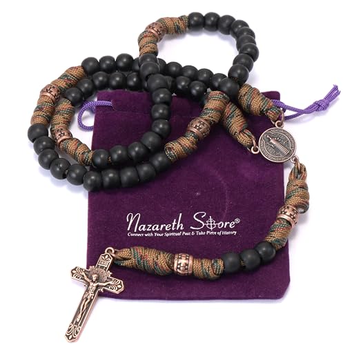 Nazareth Store Paracord Rosary Necklace 8mm Black Beads Antique Bronze Strong Rugged Corded Catholic Rosary with St.Michael Medal & Cross Crucifix4