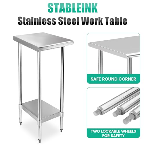 Image of STABLEINK NSF Stainless Steel Small Table 12x24 Inches, Metal Prep & Work Table with Adjustable Undershelf, for Commercial Kitchen, Restaurant, Hotel and Garage