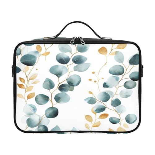 zyrtty Travel Makeup Train Case Botanical Eucalyptus Leaves Gold Blue Green Cosmetic Organizer Portable Storage Bag with Adjustable Dividers for Cosmetics Brushes Toiletry Jewelry Digital Accessories