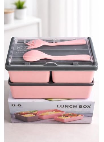 Image of 2 Layer Lunch Box with Spoon & Fork, Leakproof BPA Free Lunch Container, Microwave Safe Food Storage Box for Office, School & Travel