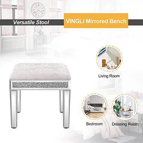 Image of VINGLI Mirrored Vanity Stool with Storage, Upholstered Velvet Ottoman, Makeup Dressing Table Bench with Sparking Diamonds, Silver